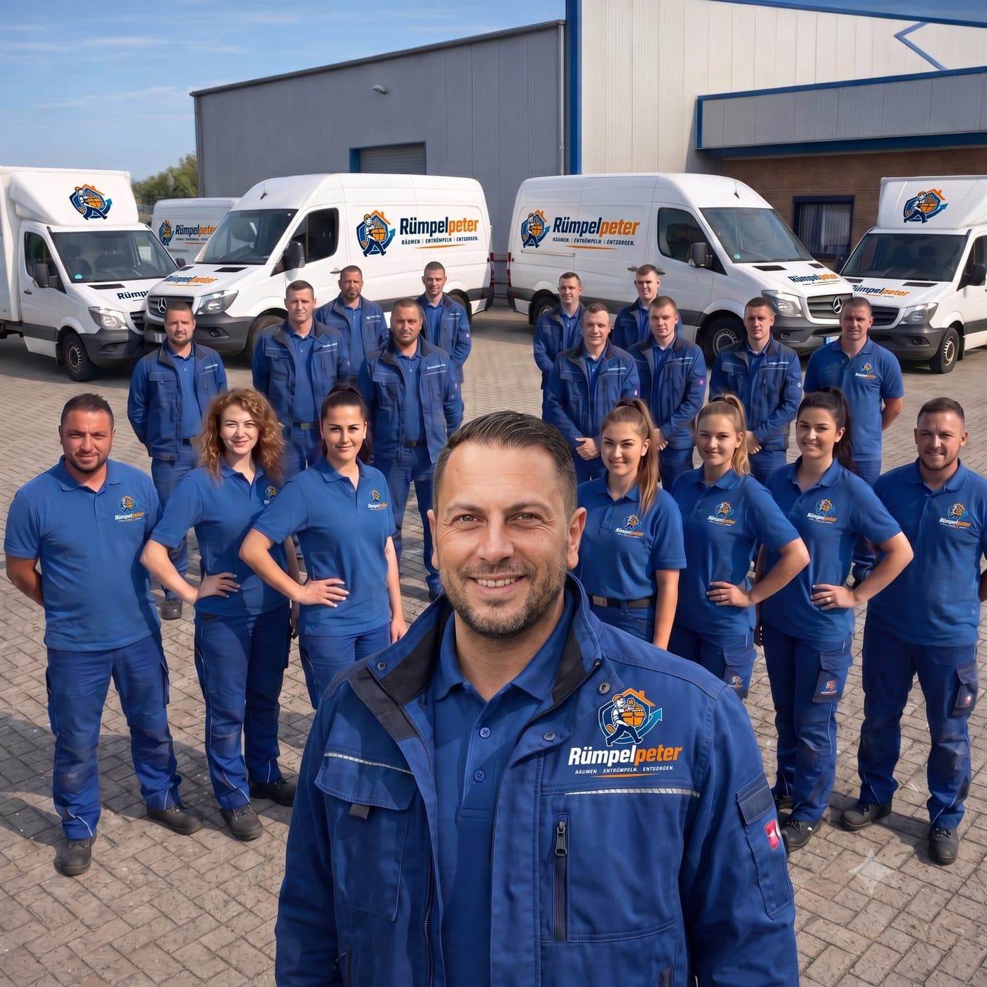 Das Team von Rümpelpeter aus Filderstadt vor den Firmenfahrzeugen